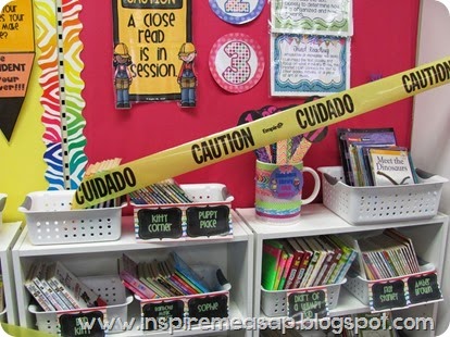 caution tape on classroom library
