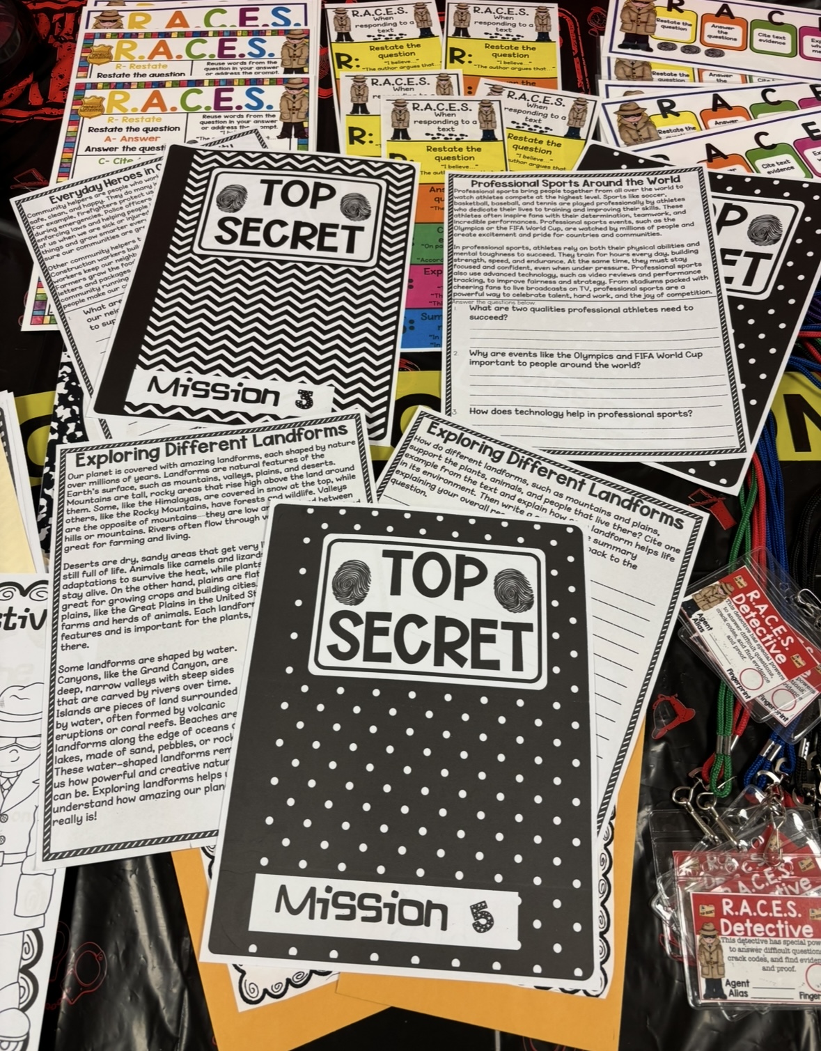With state testing fast approaching, I wanted a fun and engaging way for my students to practice with constructed responses and reading comprehension. I turned my classroom into a Detective Agency, and my students acted as text detectives. They had to successfully pass all of their missions (each one represented a letter of the RACES strategy) before they could officially earn their detective title, badge, and picture taken for our “meet the detective” bulletin board. It is safe to say that the Chief of Detectives (aka me!) enjoyed this just as much as my junior detectives did!! 